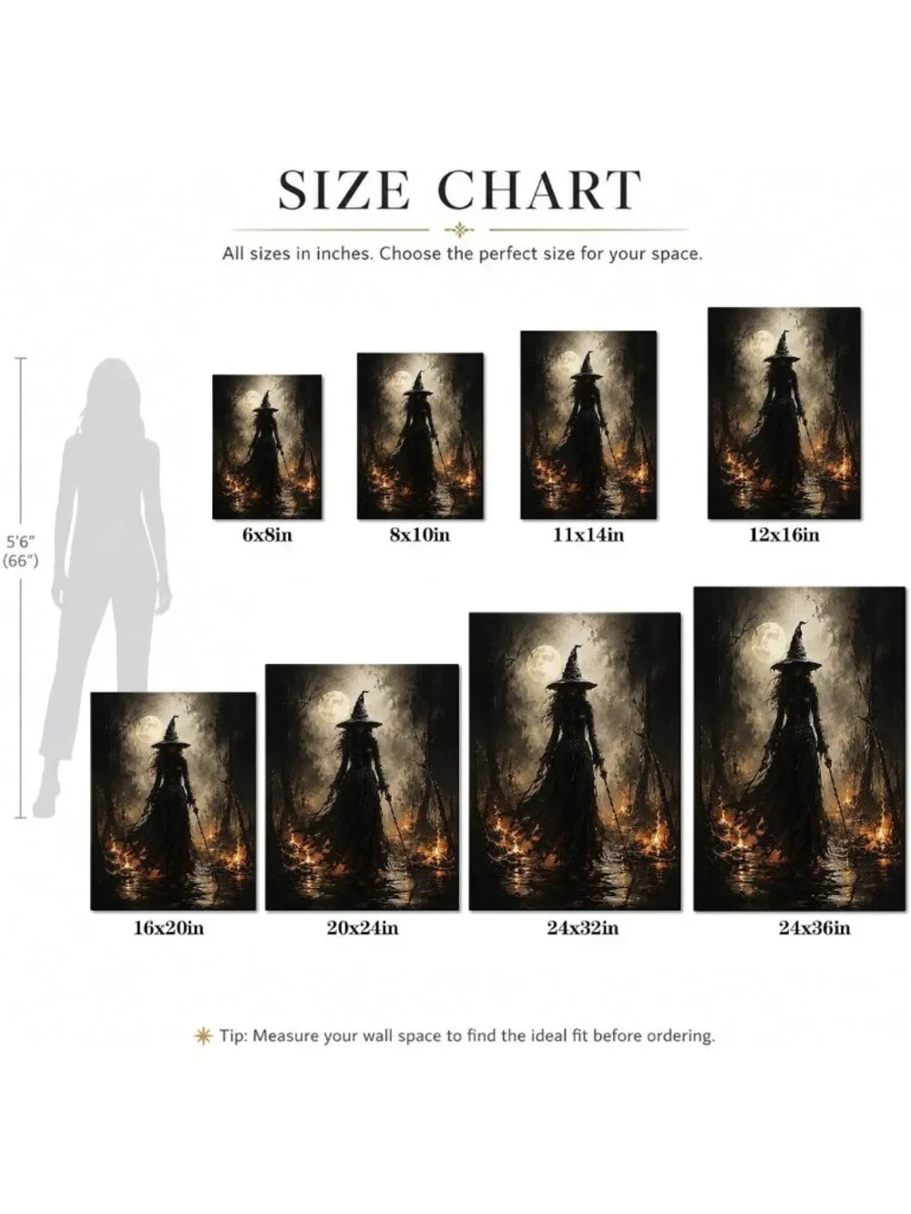 Spooky Halloween Canvas Art - Dark Witch in Enchanted Moonlit Forest Decor